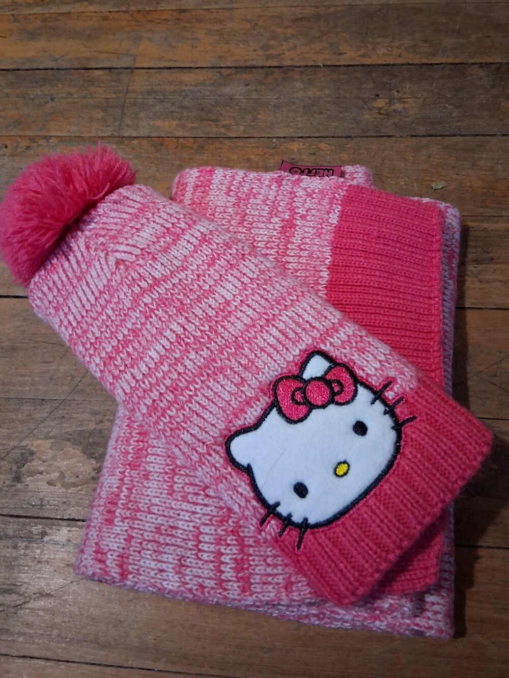 Hello Kitty Pink Knit Pom Beanie and Scarf Set